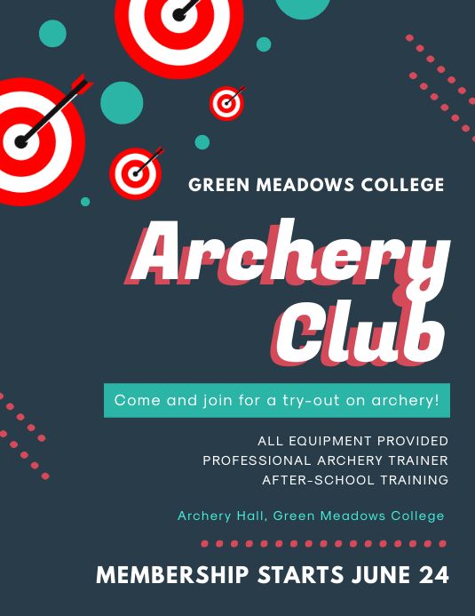 an advertisement for the archery club, with arrows and bulls in the air on a dark background