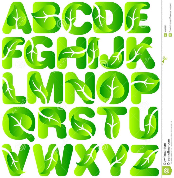 the alphabet made up of green leafy letters and numbers, with leaves on them