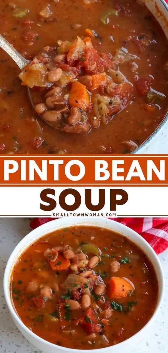 two bowls of pinto bean soup with carrots and beans