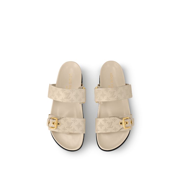 LOUIS VUITTON® - Bom Dia Flat Comfort Mule - Beige Clair Louis Vuitton Official Website, Trunk Bag, Aesthetic Shoes, Buckle Shoes, Louis Vuitton Official, Silver Jewelry Fashion, Shoe Boot Sandals, Monogram Bag, Louis Vuitton Shoes