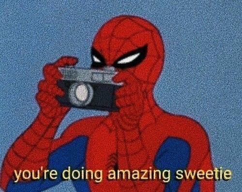 a spider - man holding a camera with the caption you're doing amazing sweetie