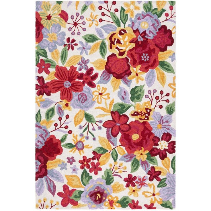 an area rug with flowers and leaves on the floor in red, yellow, purple and white colors