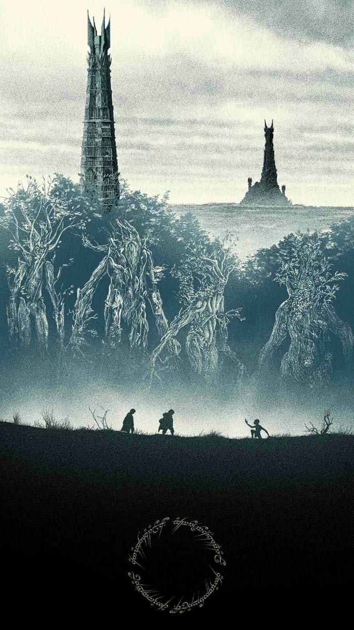 a movie poster for the lord of the rings, with two towers in the background