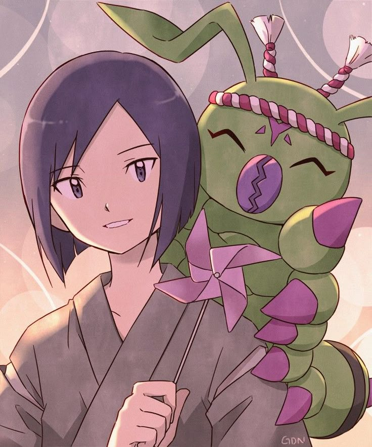 a woman holding an umbrella in front of a cartoon character that looks like a monster