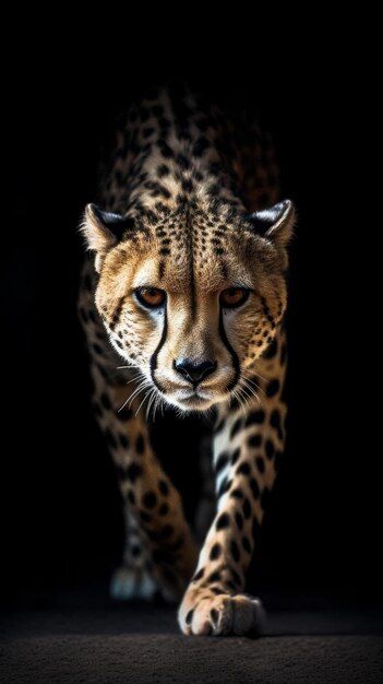 a cheetah is walking in the dark