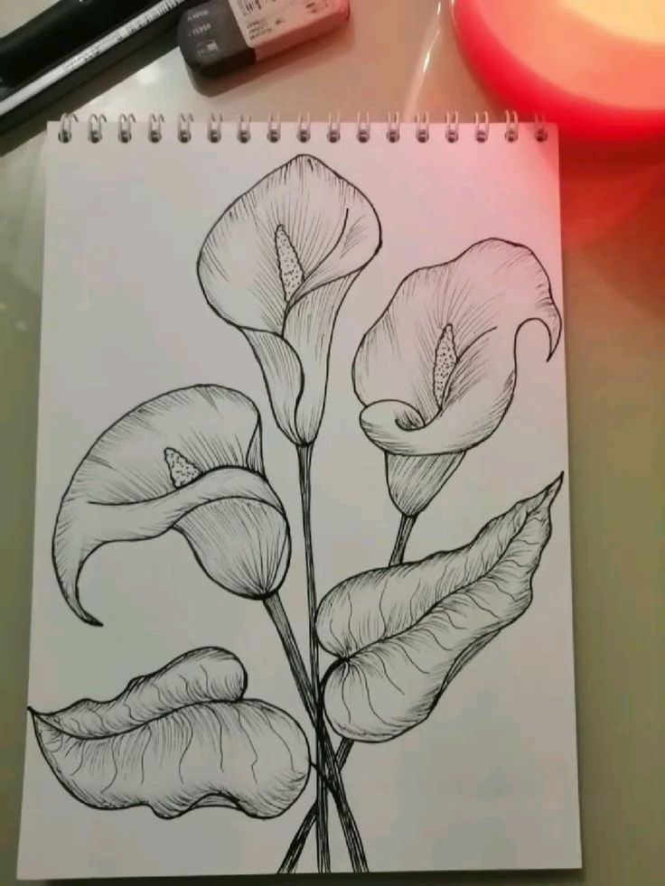 a drawing of three flowers on a sheet of paper next to a candle and some pens