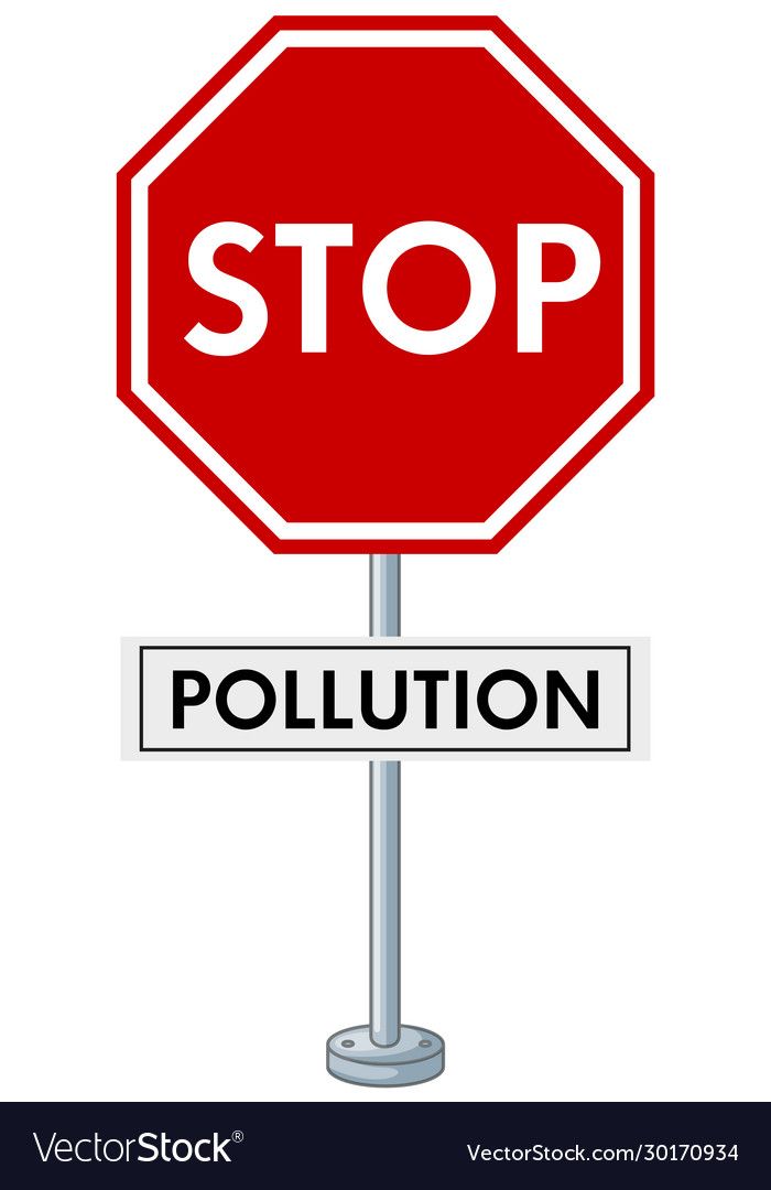 a red stop sign with the word pollution underneath it and a white sticker below