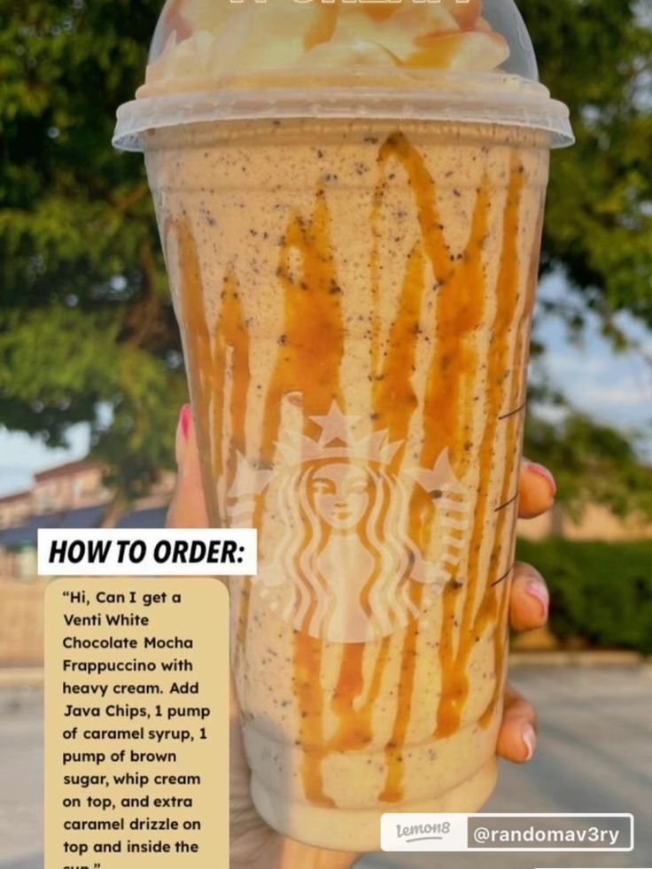 a person holding up a starbucks drink with the caption how to order