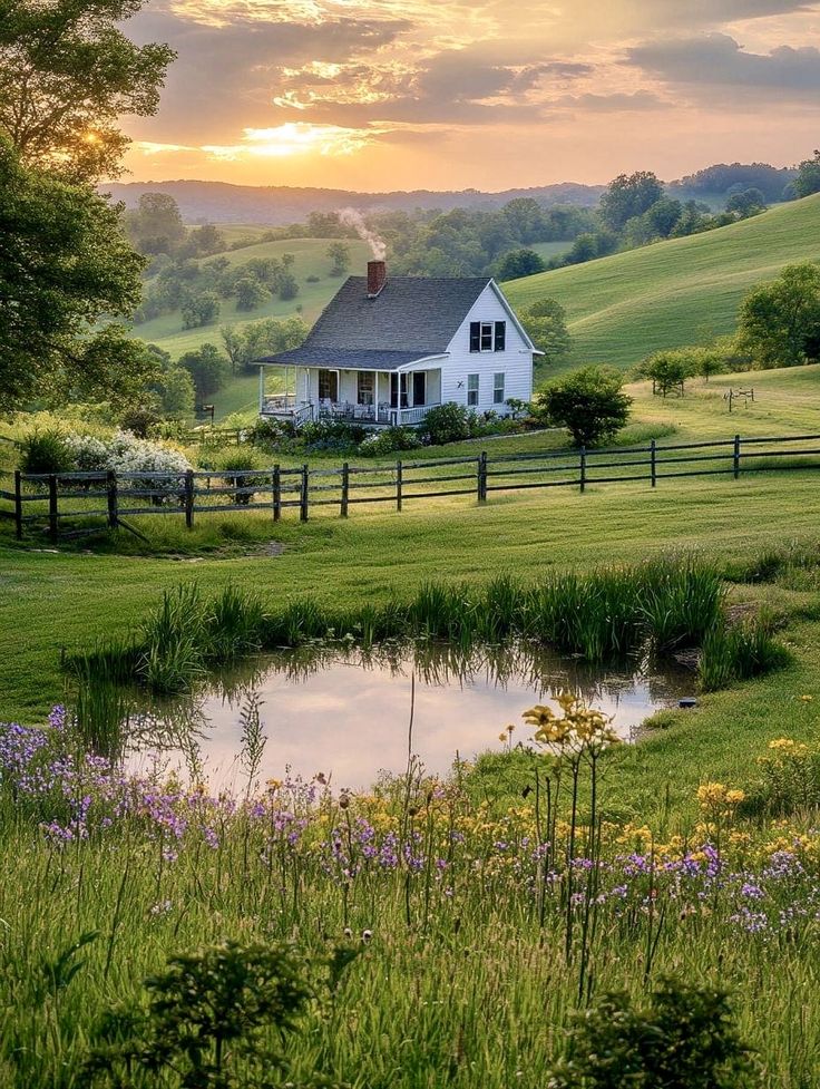 a white house sitting in the middle of a lush green field next to a pond