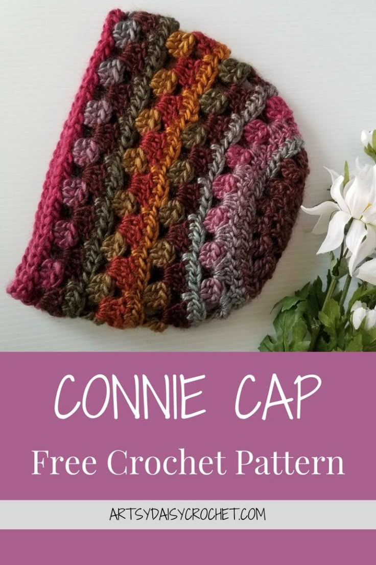 a crocheted hat with text that reads connie cap free crochet pattern