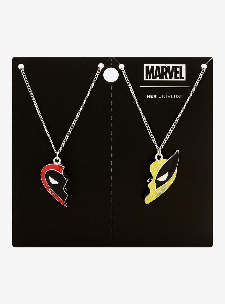 two necklaces with the same logo on each one, both in black and yellow