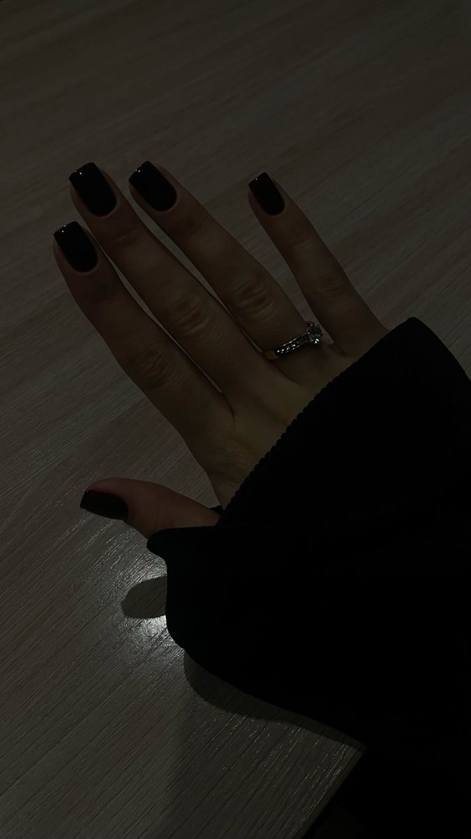 Black Milky Nails, Dark Nail Aesthetic, Short Black Nails Aesthetic, Painted Black Nails, Shirt Black Nails, Black Nail Asthetic Pics, Black Nail Paint Aesthetic, Round Black Nails, Basic Black Nails