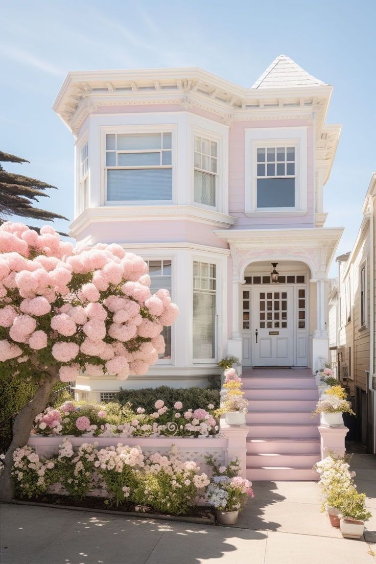 a large pink house with white trim and flowers on the front steps in front of it