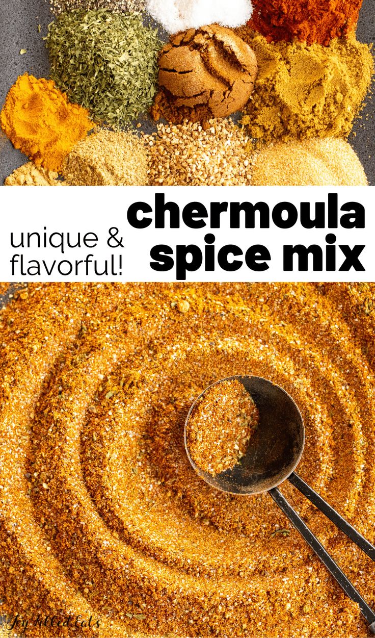 an image of various spices and seasonings on a table with the words chemoula spice mix