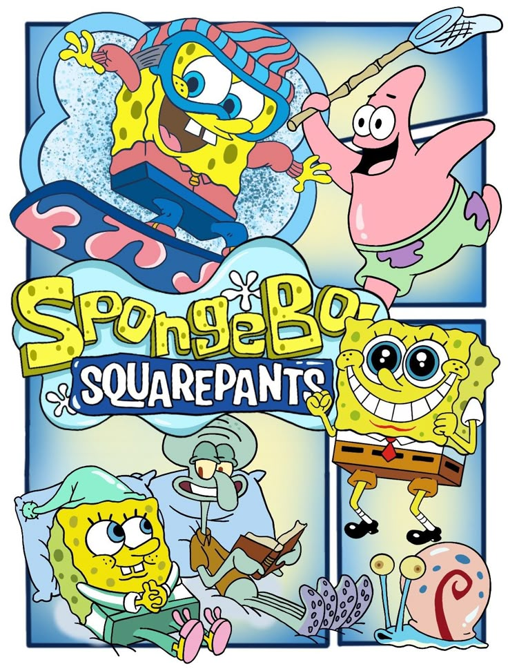 spongebob and the squarepants movie poster with cartoon characters in different poses, including an