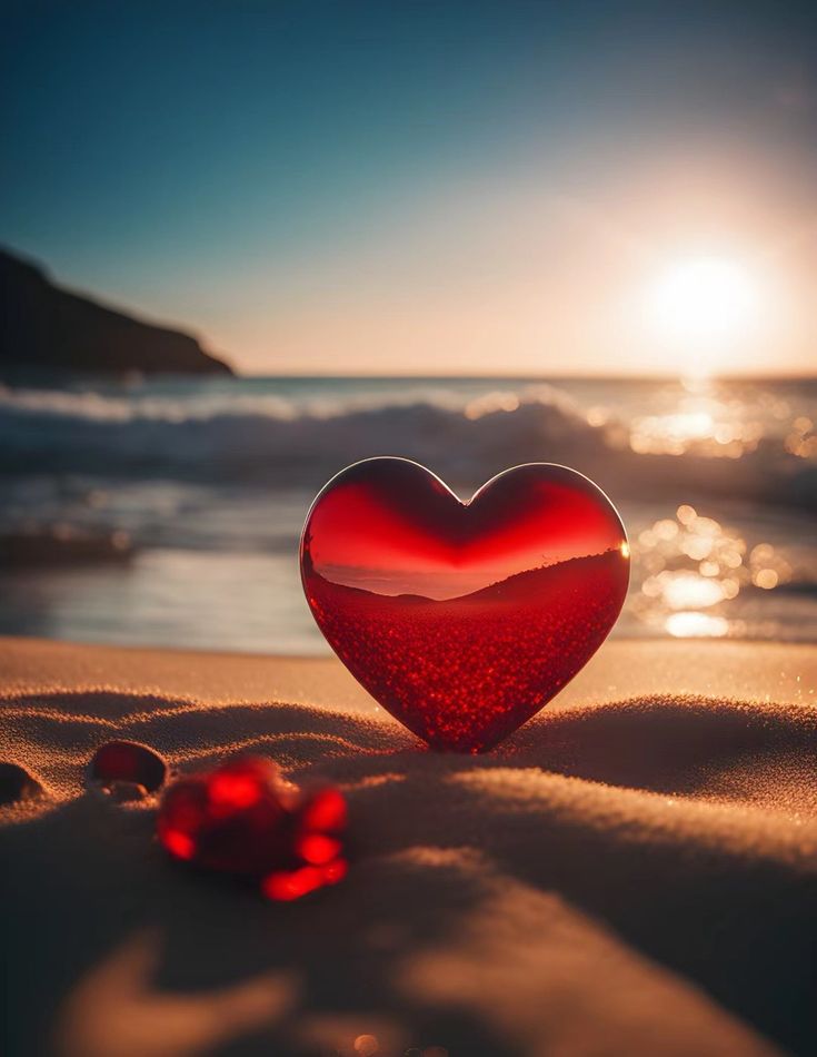 a red heart sitting on top of a sandy beach next to the ocean at sunset