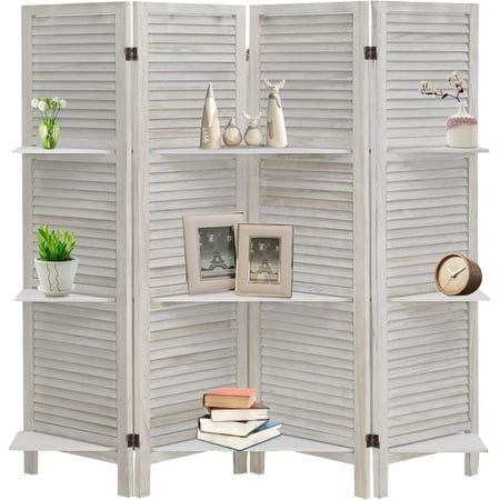 a white room divider with shutters and pictures on the top, two bookshelves below