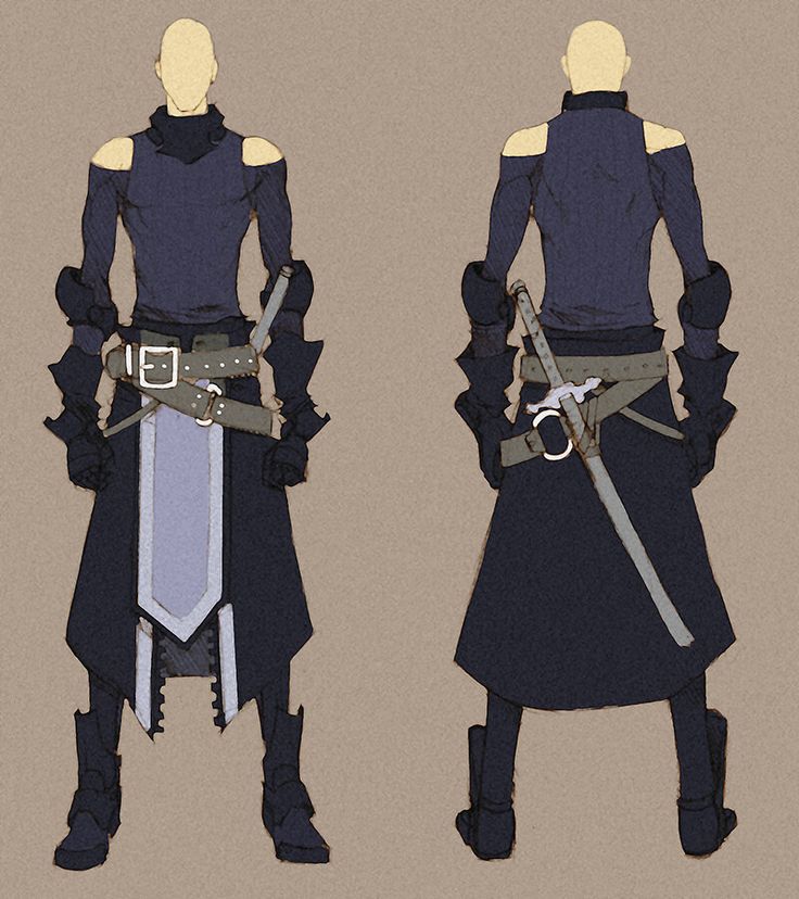 two different views of the back and side of a man's outfit, with swords in his hands