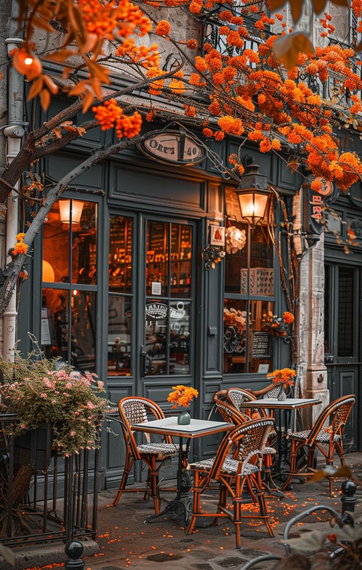 an outdoor cafe with tables and chairs covered in orange flowers, next to a tree