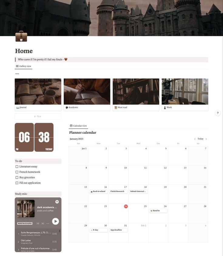 Dark Academia Notion Homepage Notion Template Ideas Aesthetic School, Dark Academia Calendar, Notion Template Simple, Dark Academia Notion Template, Dark Academia Notion, Dark Study, Notion Dashboard Template, Academia Notion, Notion Template Ideas For Students