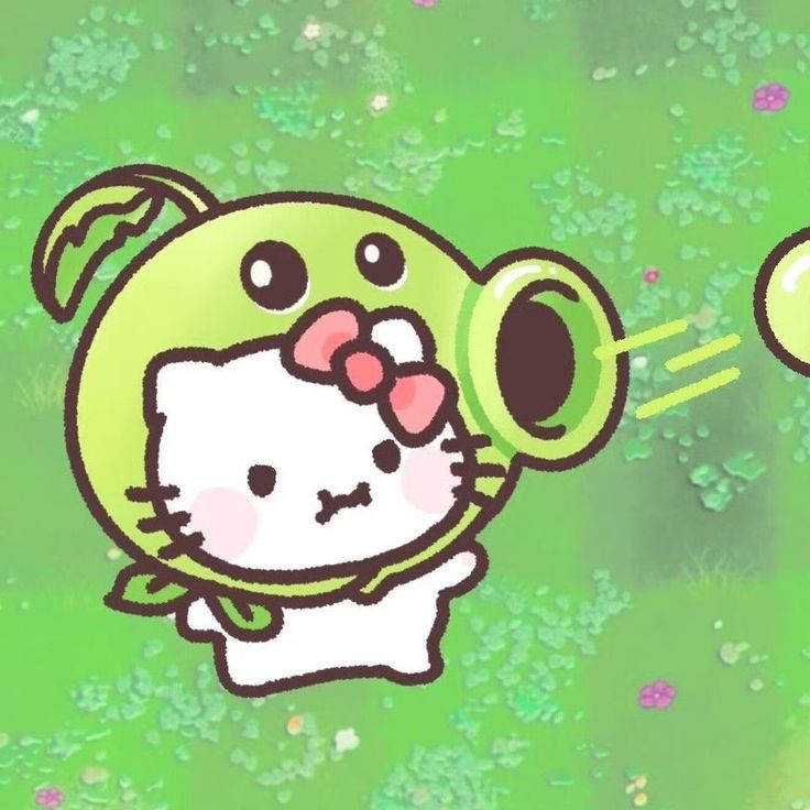 an image of a hello kitty wallpaper with flowers and grass in the background that says hello kitty