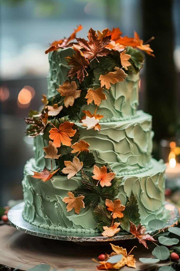 a three tiered cake with leaves on it