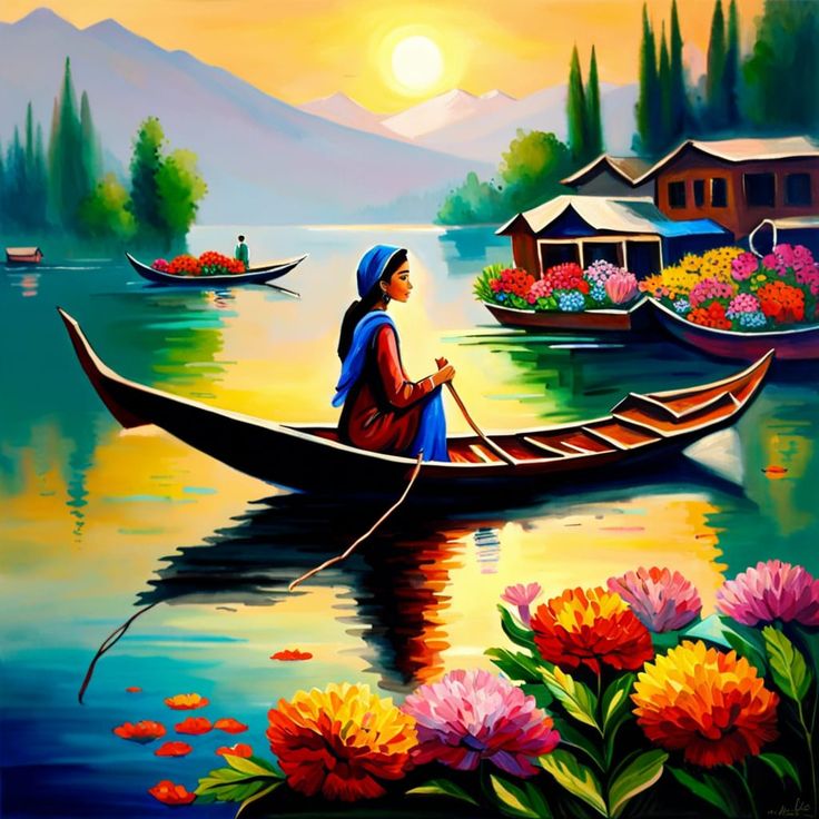 a painting of a woman sitting in a boat on the water with flowers and houses behind her