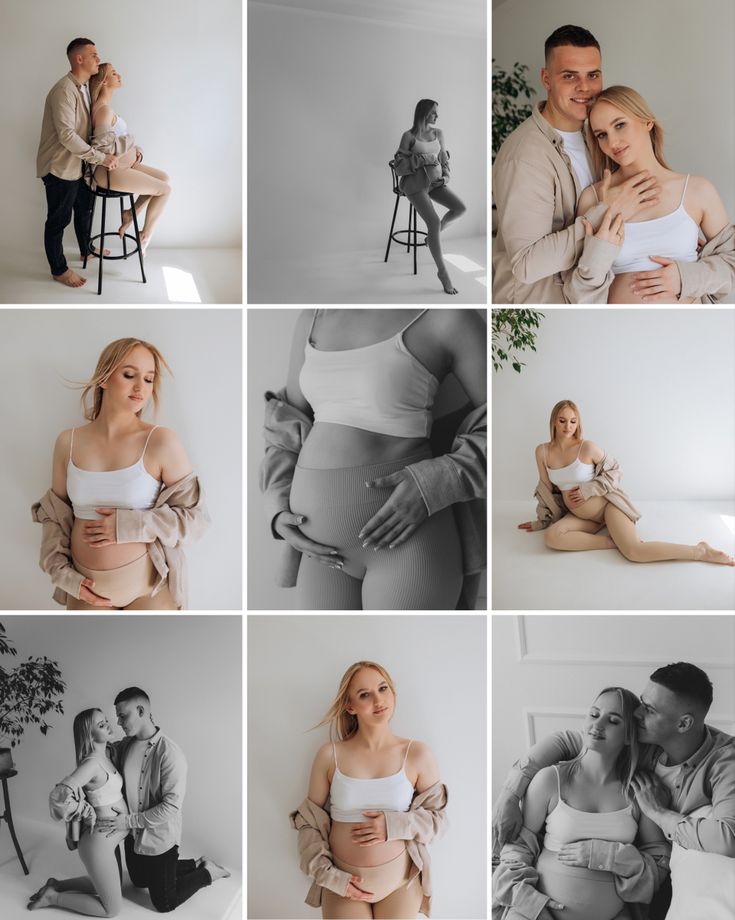 a man and woman are posing with their pregnant bellys in black and white photos