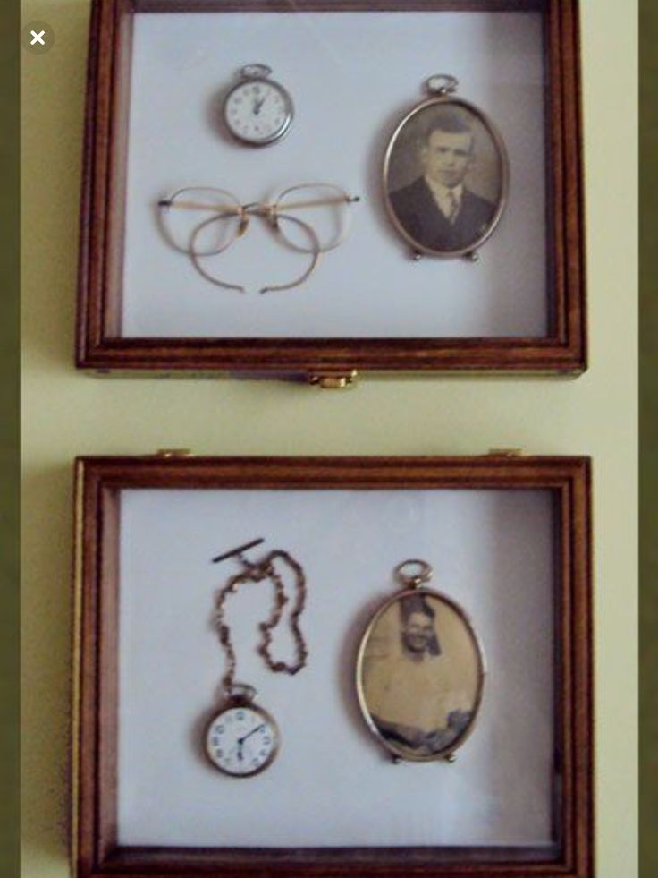 two wooden frames with different items in them