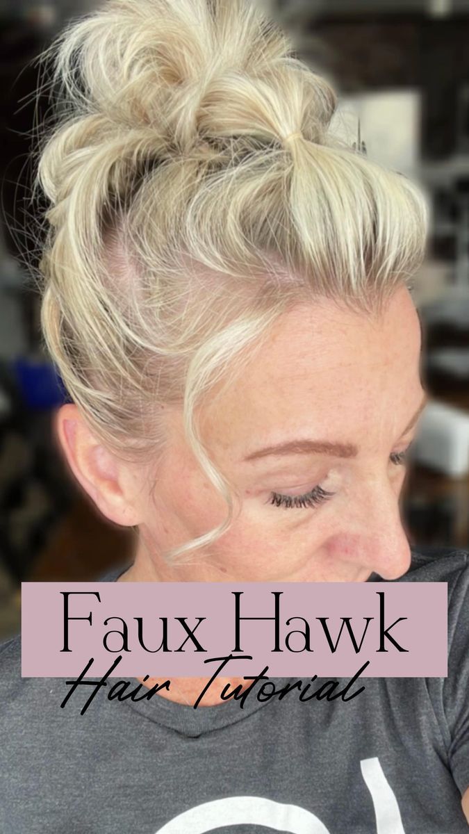 Faux Hawk Short Hairstyles, Lindsay Hignett Hair, Fauxhawk Updo Short Hair, Curly Hair Faux Hawk Women, Easy Punk Rock Hairstyles, Feminine Faux Hawk, Rock Concert Hairstyles Updo, Easy Rocker Hairstyles, Rocker Updo Hairstyles