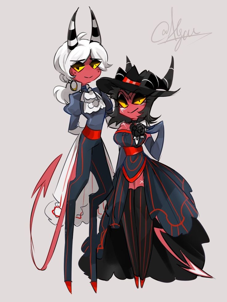 two cartoon characters dressed in black and red