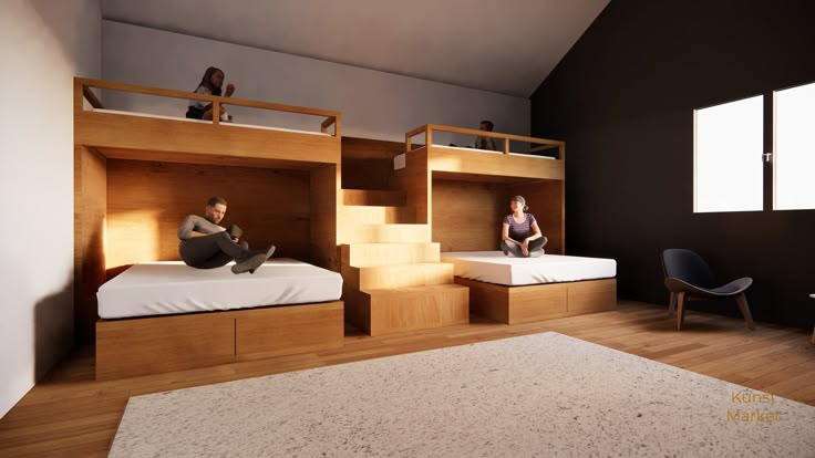 two people sitting on bunk beds in a room with hardwood flooring and black walls