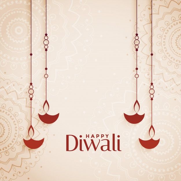 happy diwali greeting card with hanging red lanterns and paisley pattern on beige background