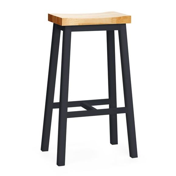 a black stool with a wooden seat