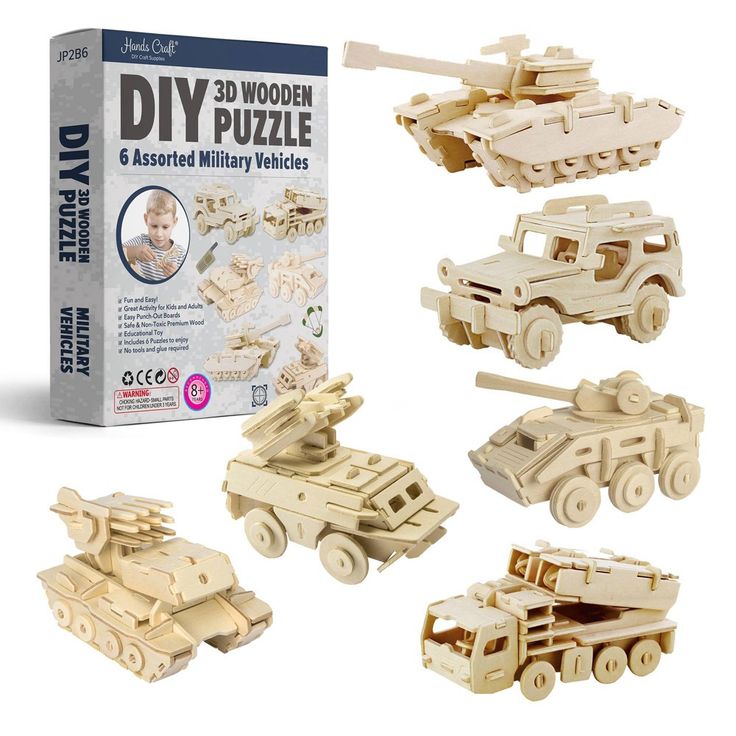 DIY 6-Count 3D military vehicle bundle pack includes a tank, armored vehicle, anti-aircraft missile, rocket launcher, missile truck, and SUV. Each puzzle has easy-to-punch-out parts from sheets of high-quality plywood. Our plywood is safe, non-toxic, and environmentally friendly. Puzzle pieces have a smooth finish and no jagged edges. Punching out the pieces is fun! The bundle comes with easy-to-follow step-by-step assembly instructions. No tools or glue are required. DIY 3D wood puzzles are fun Lego 3d, 3d Wood Puzzles, Wooden Model Kits, Diy Puzzles, Hobby Gifts, Model Building Kits, Wooden Car, Wood Puzzles, Diy 3d