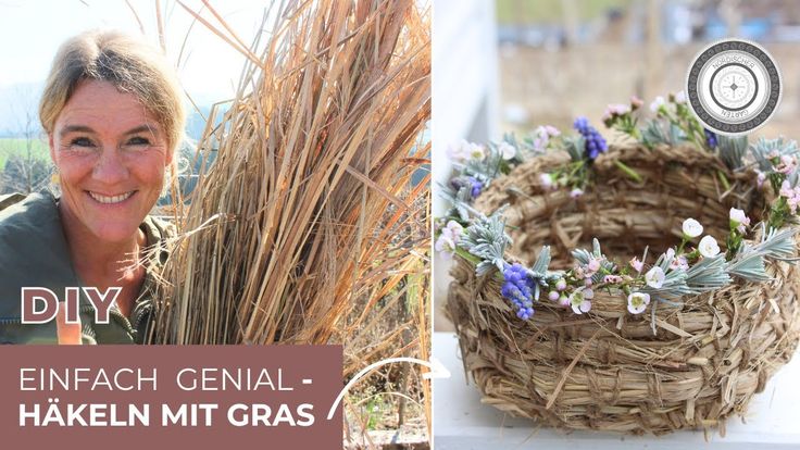 a woman is smiling next to a basket made out of straw and lavenders with the words diy, enfach genial - hakeln mit gras