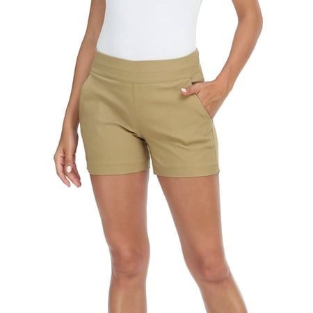 Pull on chino shorts flatter your figure by hugging your hips and waist while slimming and accenting your legs. Comfortable elastic waistband with no buttons or zippers give these shorts a comfortable and casual look for all day wear. Style with a pair of strappy heels for a night out or go relaxed with flats or sneakers to explore the city and still turn heads while being comfy! Available in color color Dark Khaki, size 1X. Color: Brown.  Gender: female.  Age Group: adult. Khaki Relaxed Fit Knee-length Shorts, Khaki Knee-length Bermuda Shorts With Pockets, Summer Khaki Shorts With Built-in Shorts, Khaki Cotton Knee-length Bermuda Shorts, Fitted Khaki Shorts With Built-in Liner, Casual Summer Shorts, Faded Denim, Dark Khaki, Plus Size Shorts