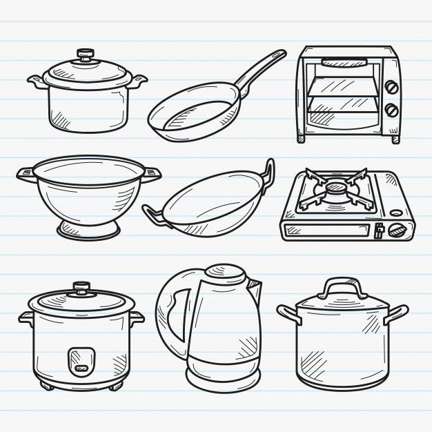 kitchen utensils drawn on lined paper