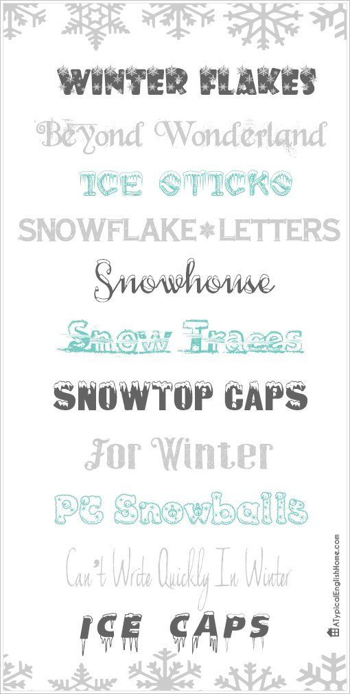 some type of font with snowflakes on the top and bottom, in different colors