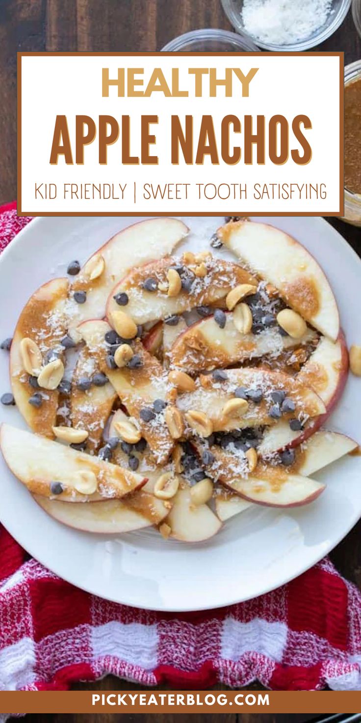 healthy apple nachos on a white plate