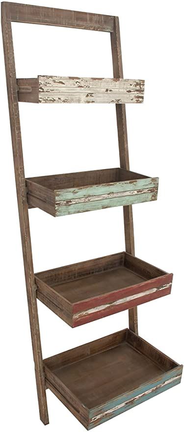 an old wooden shelf with three trays on each side and two shelves below it