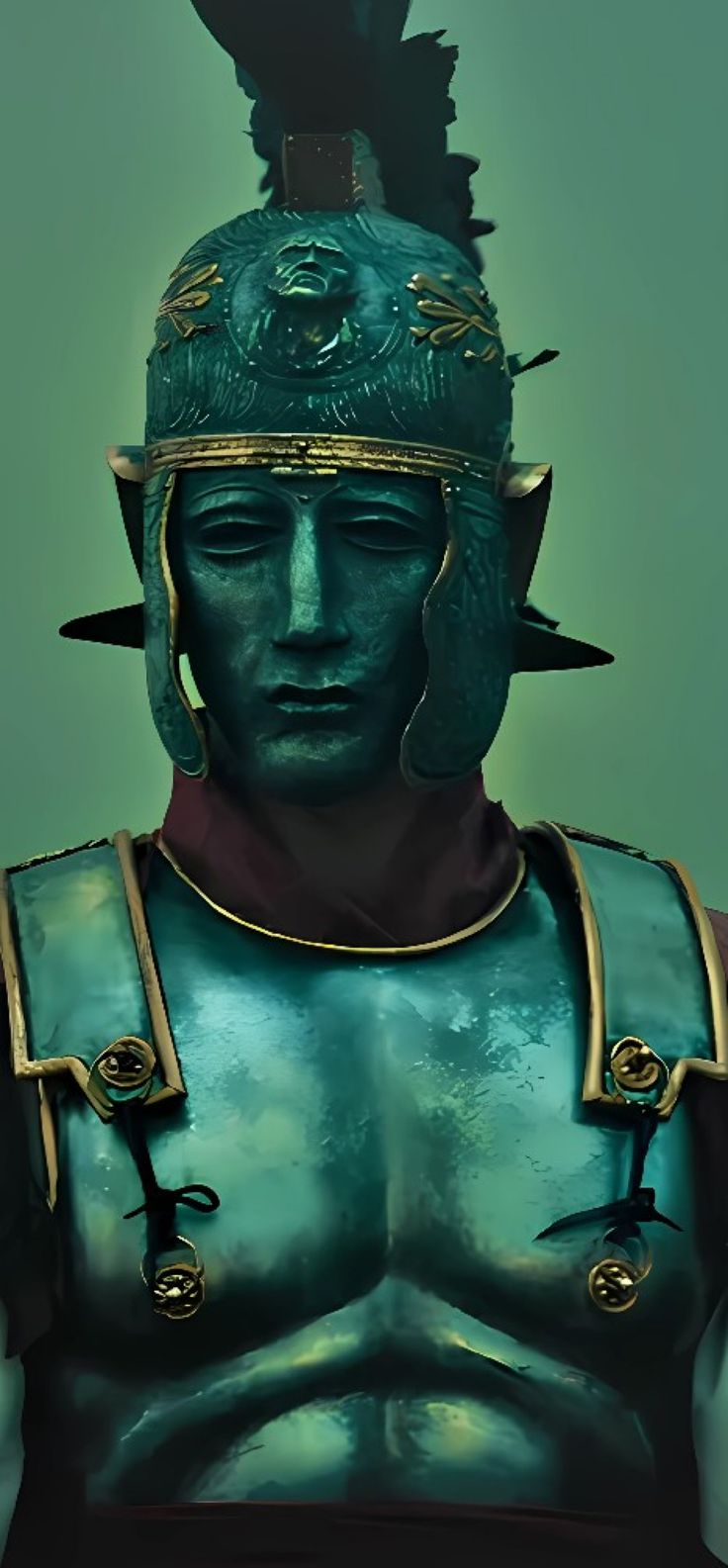 an artistic photo of a roman soldier wearing armor and helmet with feathers on his head