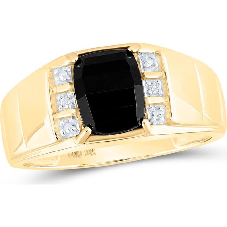 GND 10K Yellow Gold Solitaire Ring with Prong-Set Round Diamonds and Faceted Black Onyx - .02 Carat Total Diamond Weight Fine Jewelry With Black Diamonds And Onyx, Luxury Onyx Diamond Ring Fine Jewelry, Fine Jewelry Yellow Gold Onyx Rings, Hallmarked Round Onyx Jewelry, Luxury Onyx Ring With Polished Finish, Yellow Gold Solitaire Ring, Yellow Gold Solitaire, Gold Solitaire Ring, Bold Black