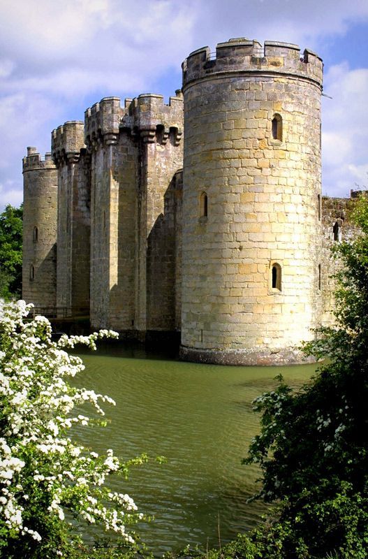 an old castle sitting on top of a river next to a lush green forest filled with white flowers