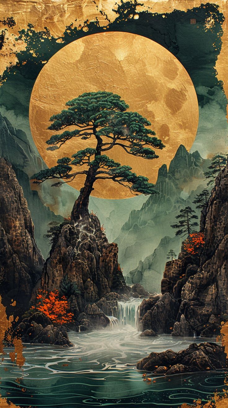 a painting of a tree and waterfall in front of a full moon with mountains, rocks and water