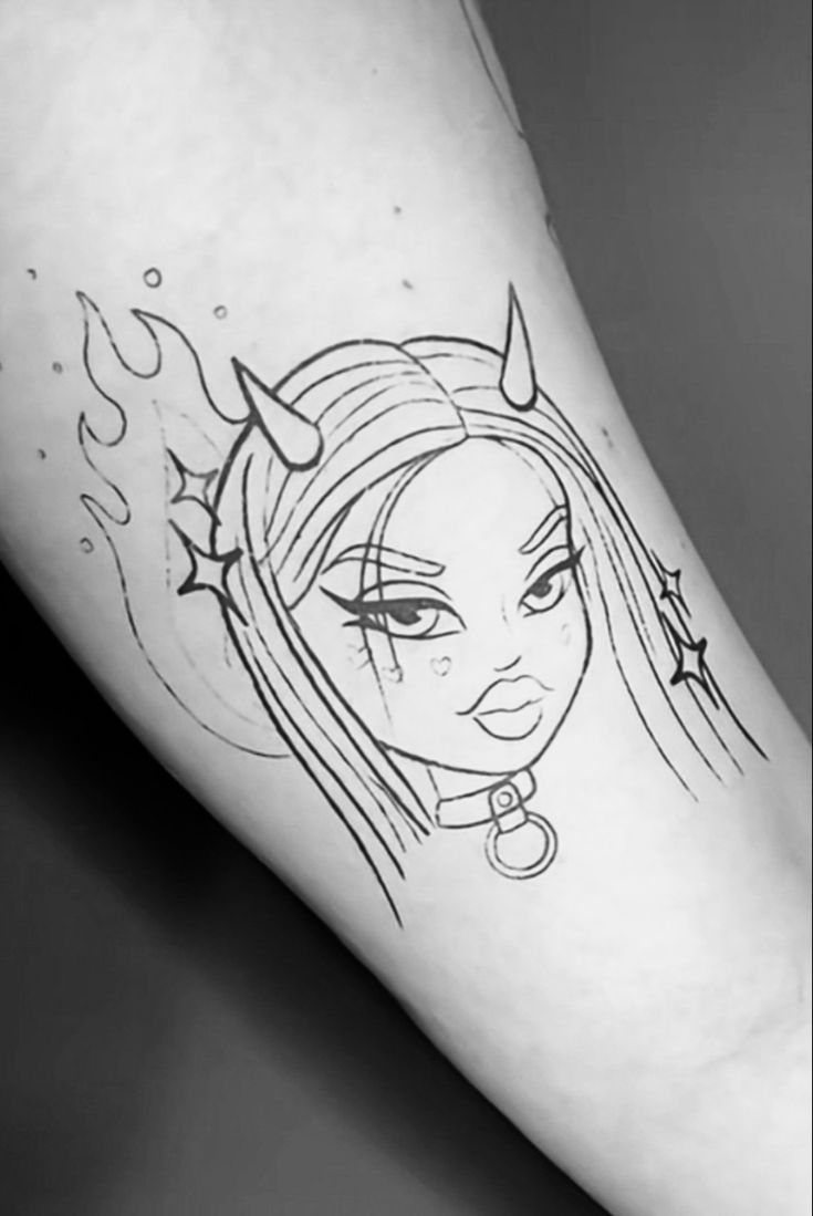 Cartoon Women Tattoo, Matching Bratz Tattoo, Bratz Angel Tattoo, Brat Doll Tattoos For Women, Bratz Doll Tattoo Stencil, Bratz Doll Tattoo Design, Bratz Tattoo Stencil, Brats Doll Tattoos, Jade Bratz Tattoo