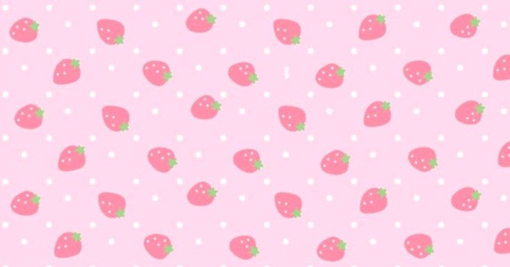 a pink background with white polka dots and strawberries