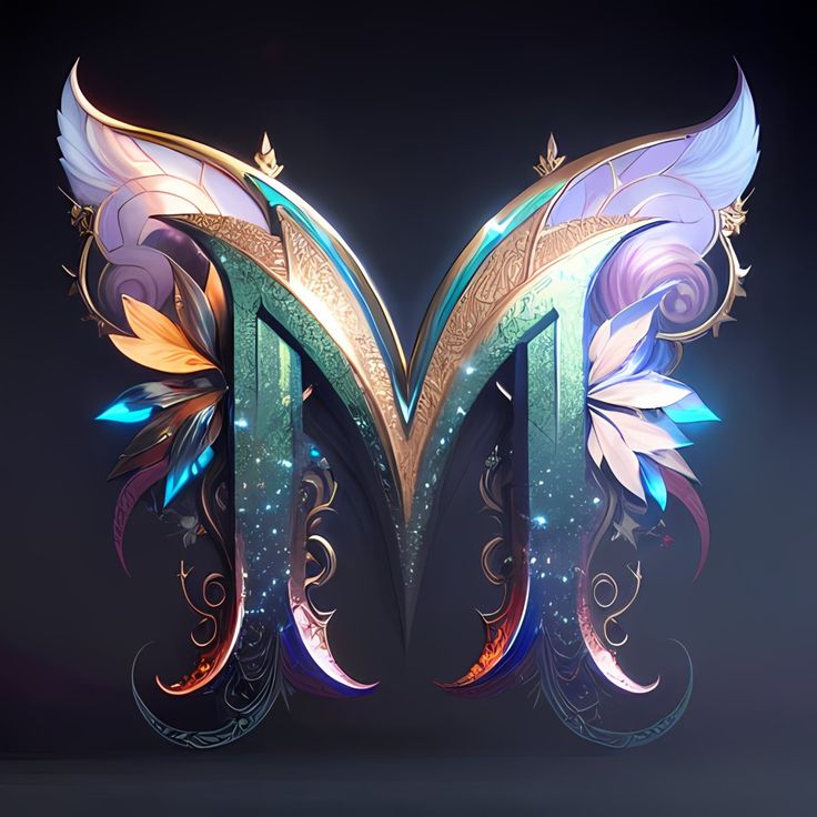 the letter m is decorated with colorful feathers and flowers on it's wings, as well as an intricate design