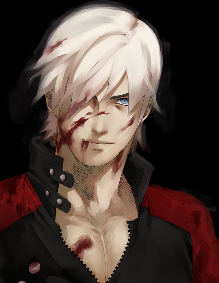 an anime character with white hair and blue eyes, wearing black gloves on his chest