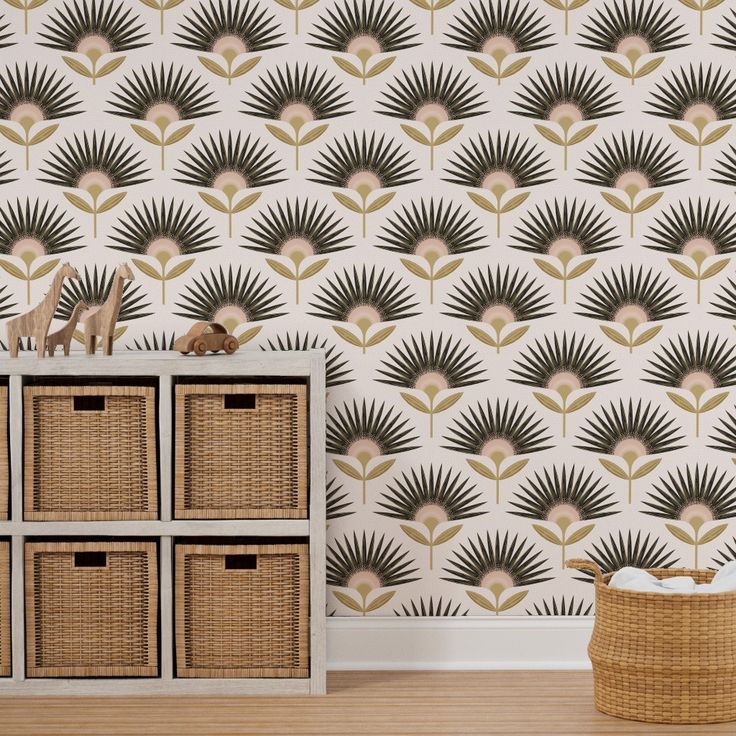 the wallpaper in this room is designed to look like an art deco fan